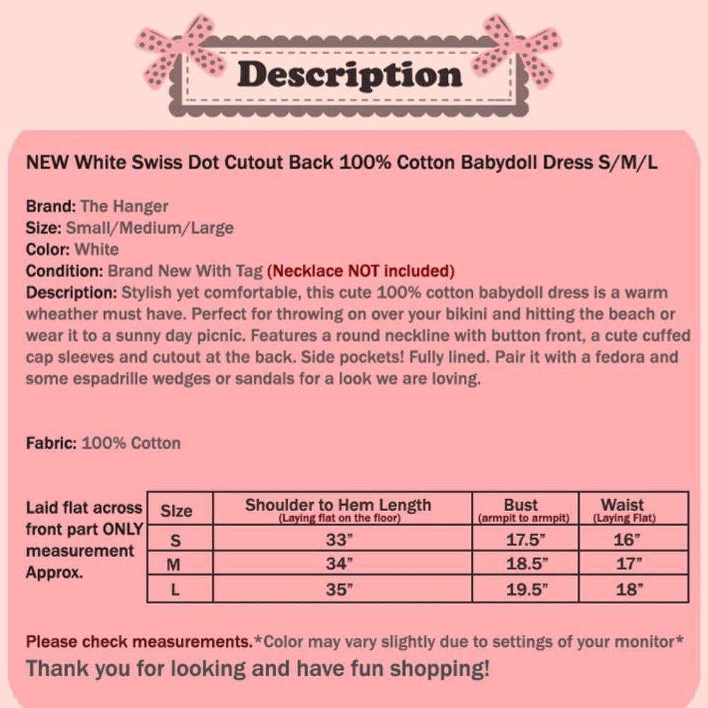 White 100% Cotton Swiss Dot Cutout Babydoll Dress - Picture 9 of 9